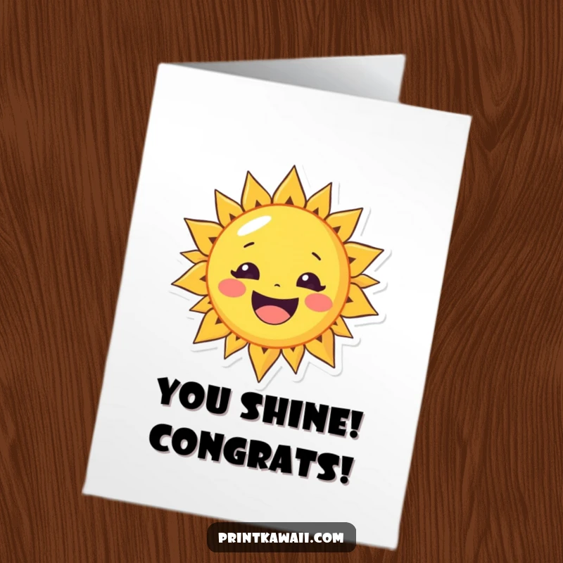 Funny Free Printable Congratulations Card: a cheerful sun character with a wide smile, beaming with pride for their success.