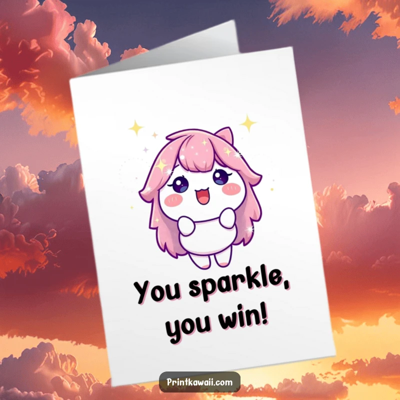 Funny Free Printable Congratulations Card: A stylized sparkle character celebrating a victory with effervescent energy, ideal for a downloadable gift.
