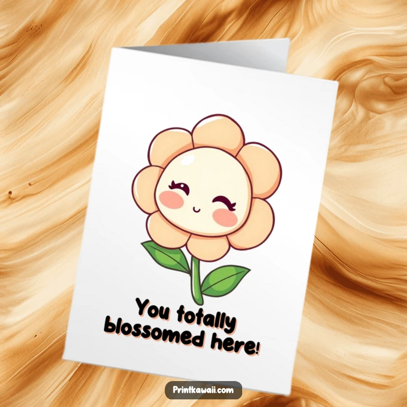 Funny Free Printable Congratulations Card with a blushing flower character leaning in, conveying sweet and gentle good wishes.