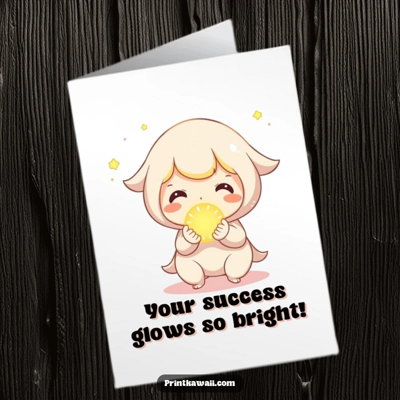 Funny Free Printable Congratulations Card: Cute character joyfully sharing a tiny, glowing orb, celebrating achievements with radiant energy.