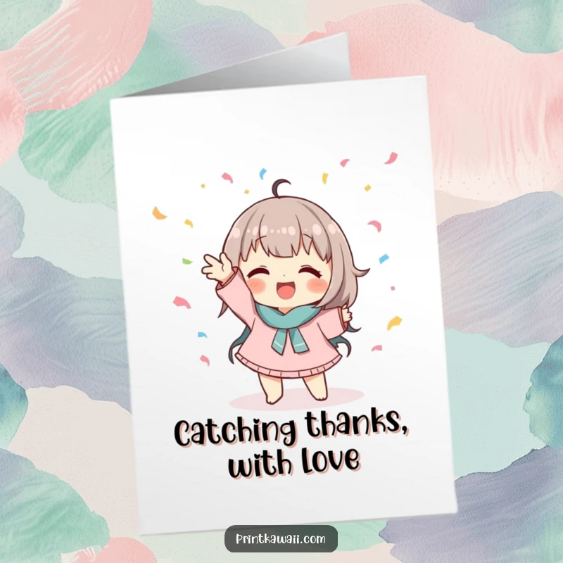 Funny Free Printable Thank You Card: Cute character playfully catches falling confetti, offering a cheerful thank you.