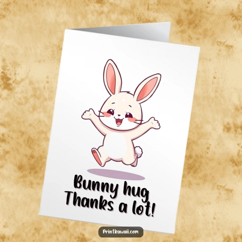 Funny Free Printable Thank You Card: a playful bunny character leaping with joy to express heartfelt thanks.