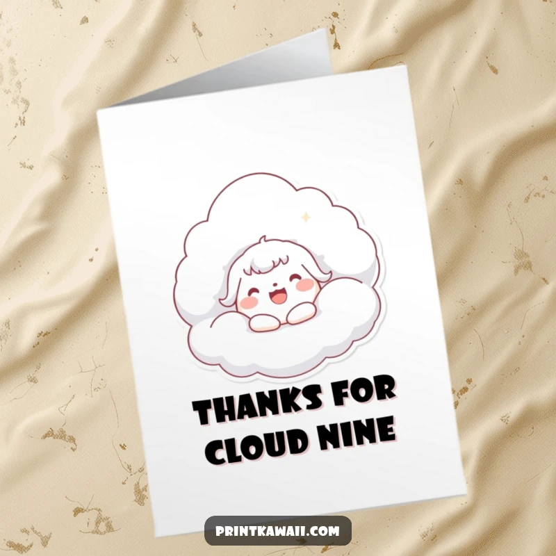 Funny Free Printable Thank You Card: Cute kawaii character hugging a large fluffy cloud, sending warm thanks and appreciation.