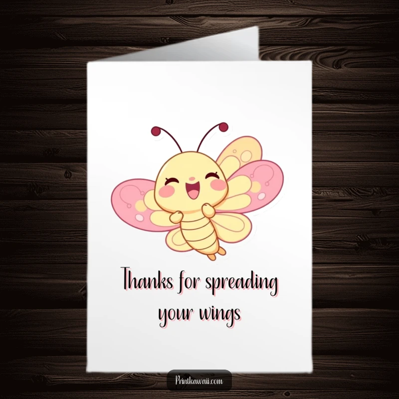 Funny free printable thank you card with a delighted butterfly character gracefully fluttering, its wings creating a beautiful, joyful pattern.