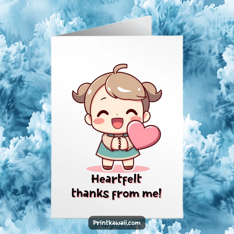 Funny Free Printable Thank You Card: Joyful character holding hands with a heart, expressing thanks with humor for a downloadable gift.