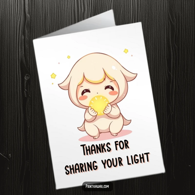 Funny Free Printable Thank You Card: Cute character joyfully sharing a tiny, glowing orb, expressing thanks with warmth and light.