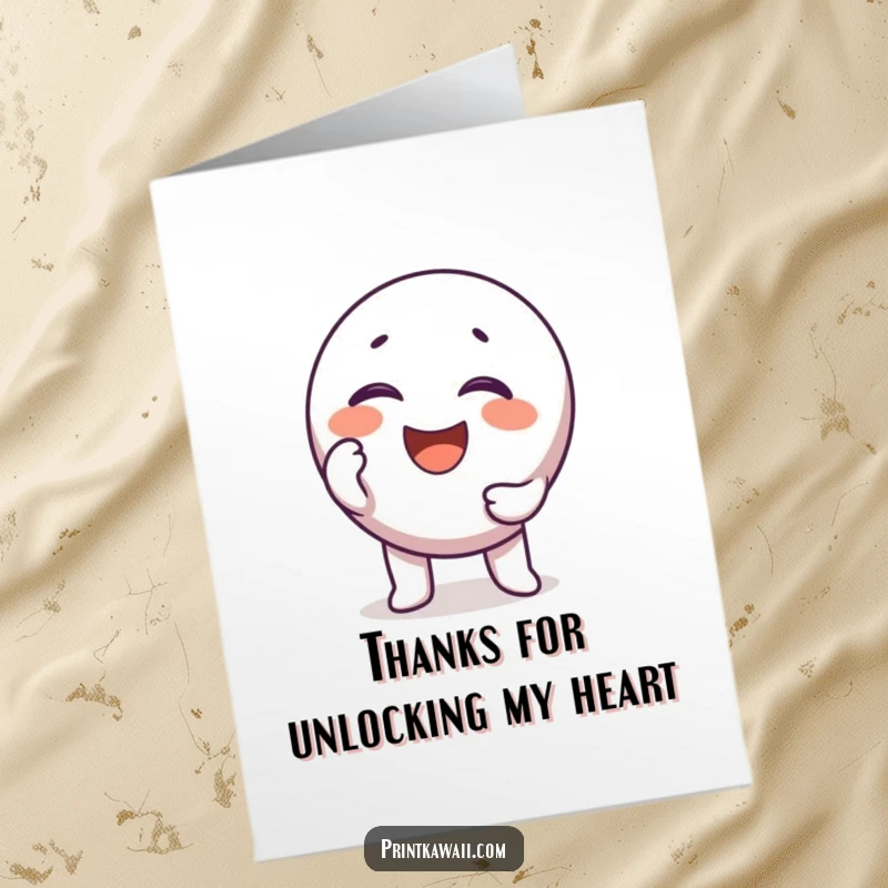 Funny free printable thank you card with a round, happy key character unlocking a heart.