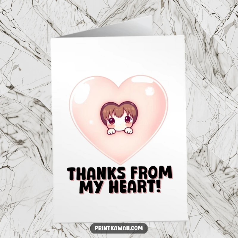 Funny Free Printable Thank You Card: Shy character peeking from behind a huge shimmering heart, a sweet downloadable gift for thanks.