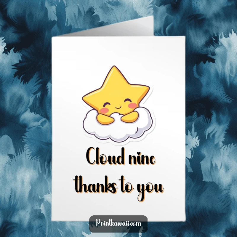 Funny Free Printable Thank You Card with a cheerful star character hugging a fluffy cloud, conveying warm thanks.