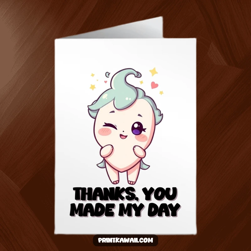 Funny Free Printable Thank You Card of a sparkling heart character winking playfully with a grateful expression.