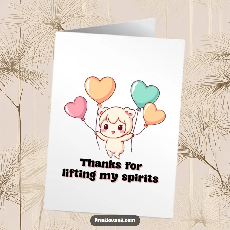 Heartfelt free printable thank you card of a cute kawaii character floating with heart-shaped balloons, conveying deep thanks.
