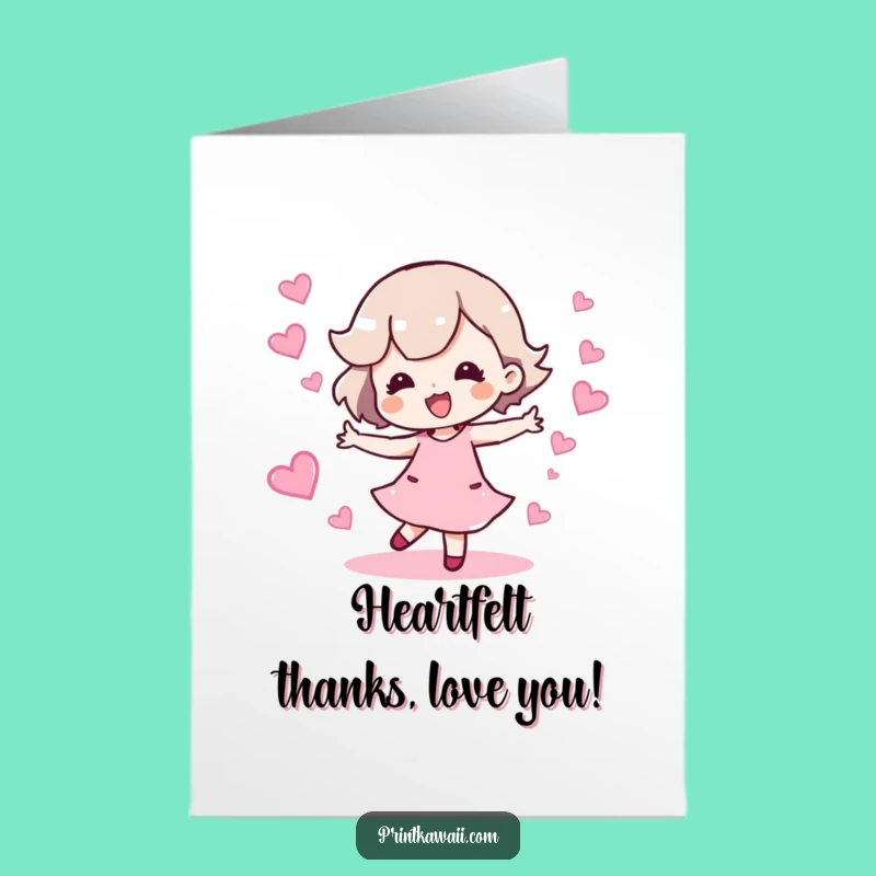 Free Printable Thank You Card: Dancing Hearts Character Funny Downloadable Gift