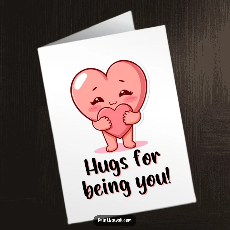 Funny Free Printable Thank You Card: A cute heart character offering a gentle, loving hug, perfect for expressing sincere thanks.