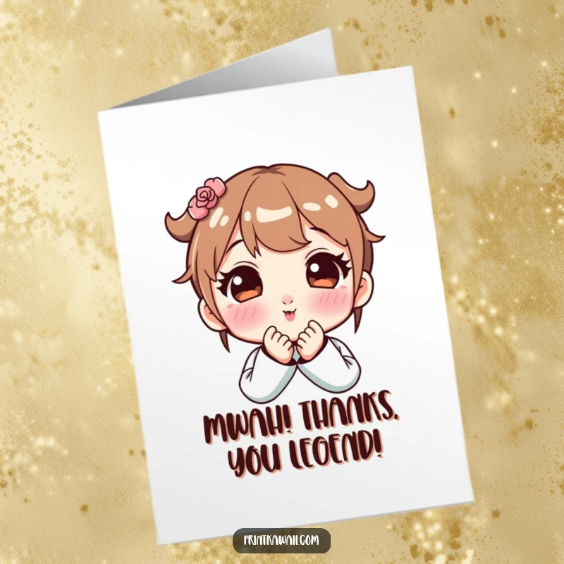 Free Printable Thank You Card: Cute character with rosy cheeks blowing a kiss, a sweet way to say thank you.