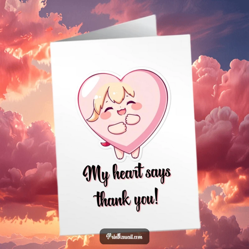 Free Printable Thank You Card: Kawaii character joyfully embracing a giant heart, a sweet way to say thank you.