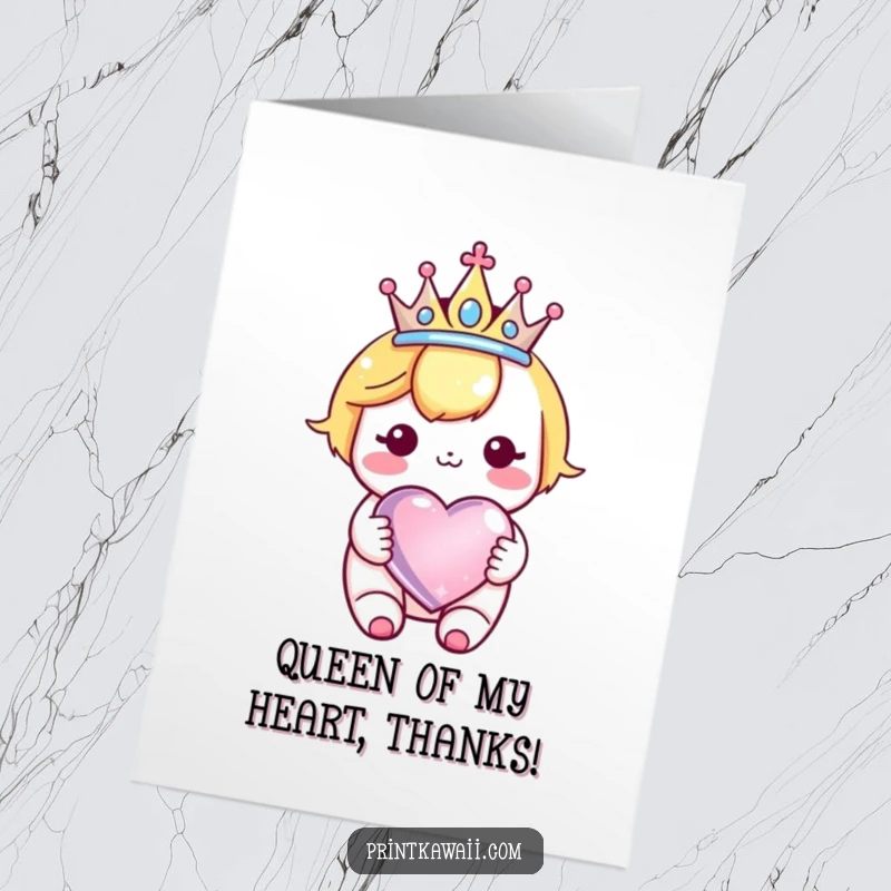 Funny Free Printable Thank You Card with a crowned kawaii character holding a sparkly heart, conveying sincere appreciation.