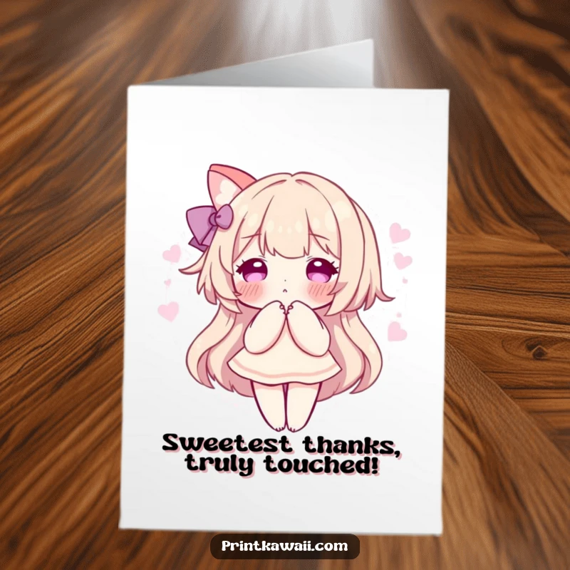 Funny Free Printable Thank You Card: Character in a sweet pose with a pink aura, offering gentle and humorous thanks for a gift.