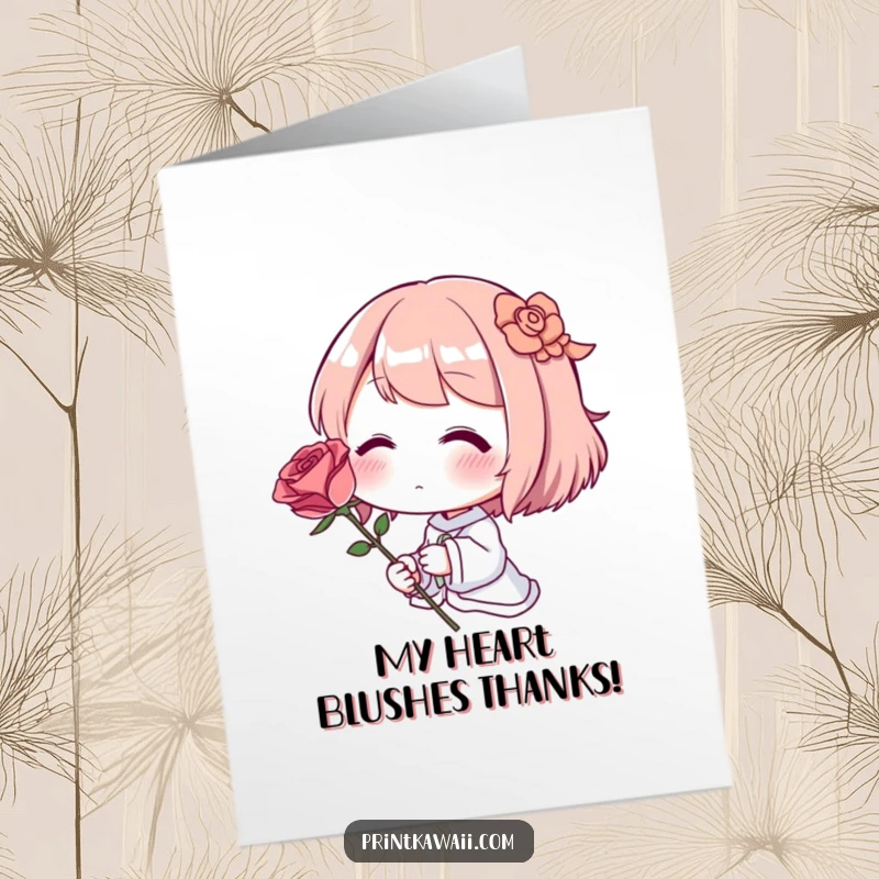 Sweet free printable thank you card where a character blushes deeply, holding a single, perfect rose in sincere gratitude.