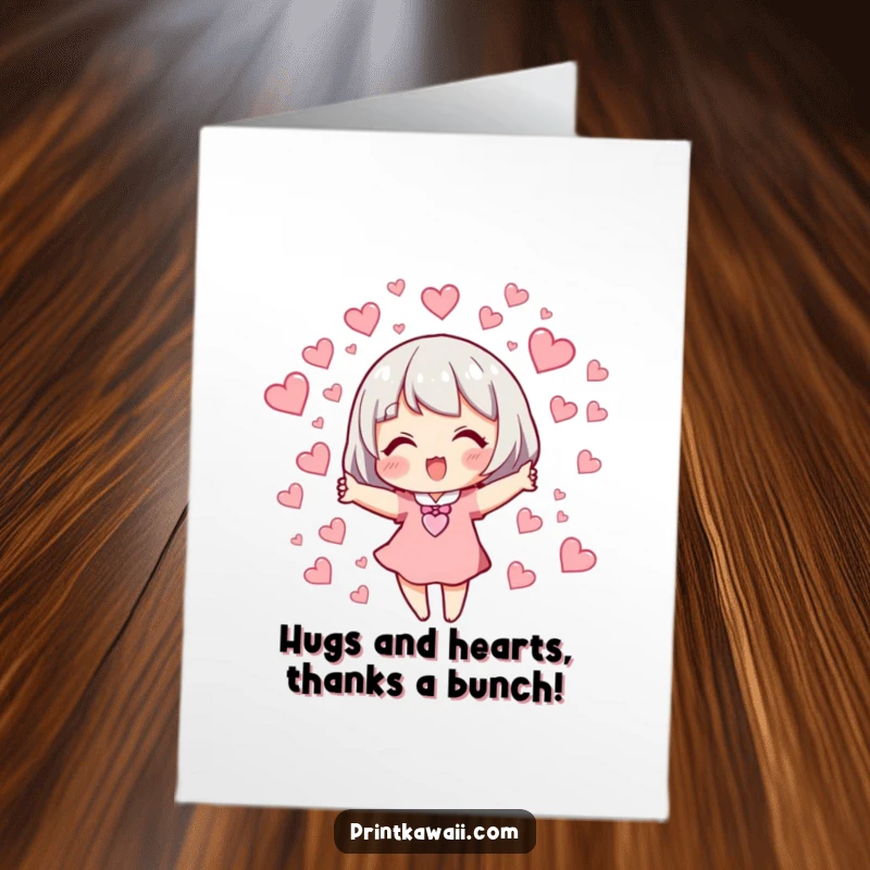 Funny free printable thank you card depicting a character happily releasing a multitude of tiny, fluttering hearts as thanks.
