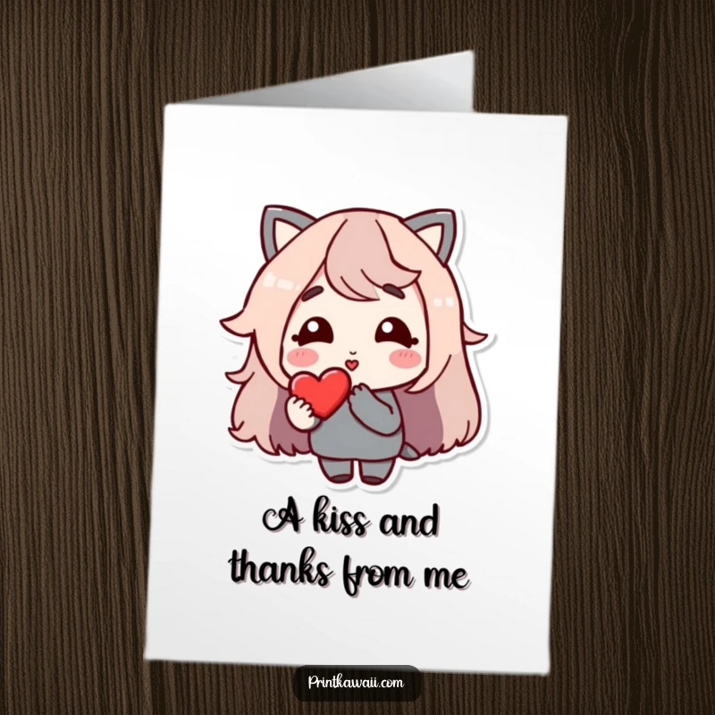 Sweet free printable thank you card where a character with a gentle smile blows a kiss towards a heart.