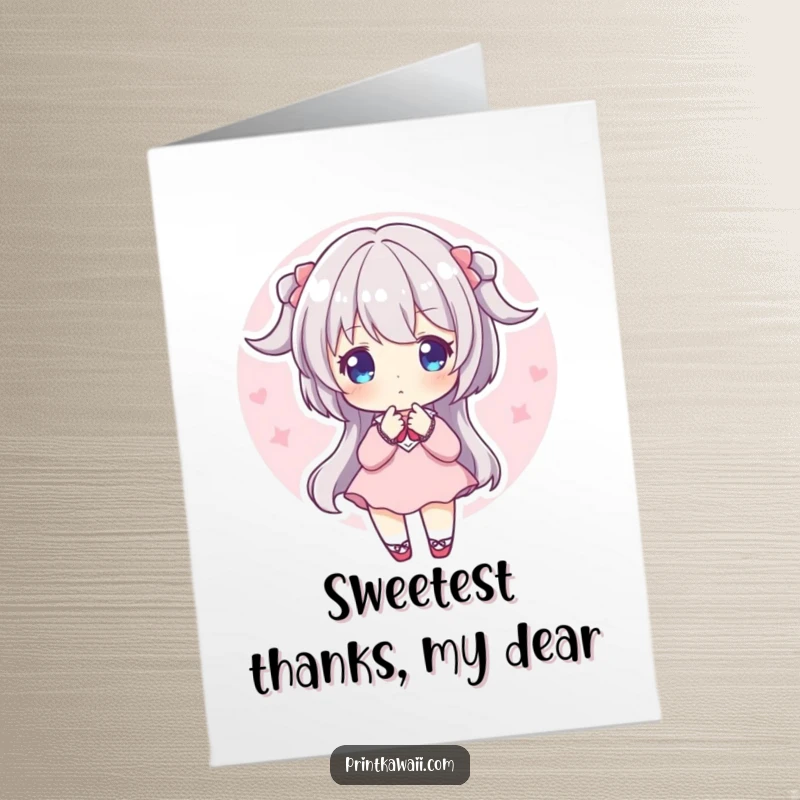 Sweet free printable thank you card where a character in a gentle pose is surrounded by a soft, comforting pink aura.
