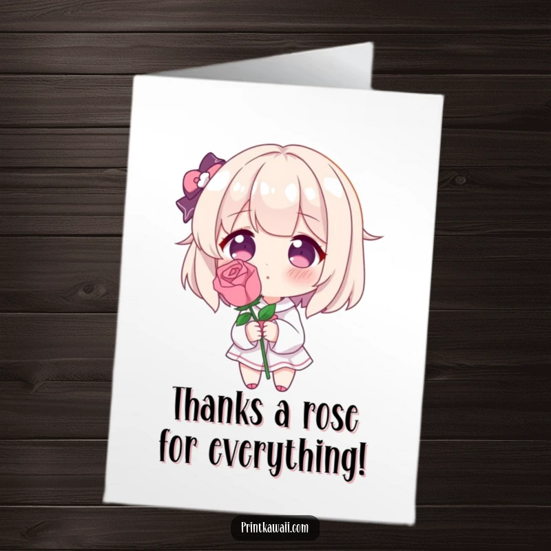 Funny Free Printable Thank You Card: Blushing character with a rose, offering shy thanks with a humorous downloadable gift.