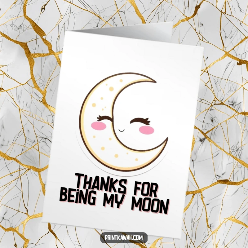 Funny Free Printable Thank You Card featuring a crescent moon character giving a charming, sly wink.