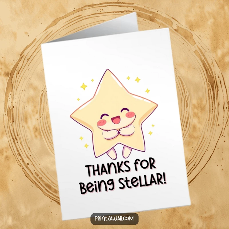 Funny Free Printable Thank You Card: Character happily hugging a giant sparkling star, a perfect downloadable gift for expressing thanks.