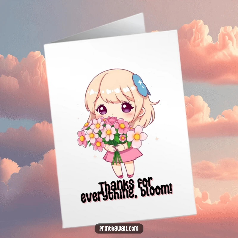 Free Printable Thank You Card: Cute character holding a bouquet of sparkling flowers, a beautiful way to say thank you.