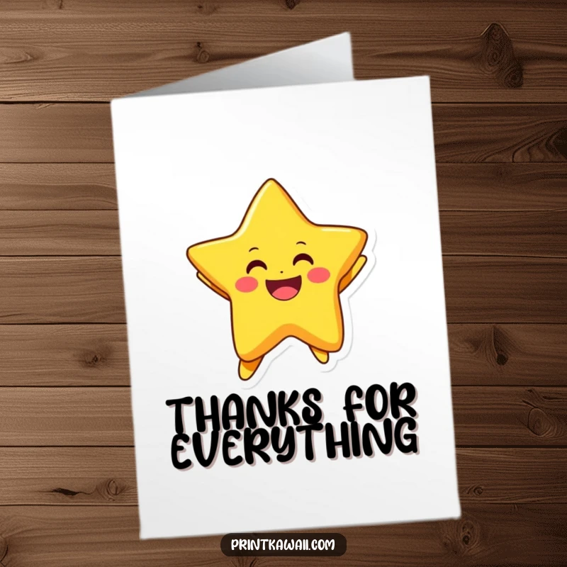 Funny Free Printable Thank You Card of a smiling star character jumping with immense joy and thanks.