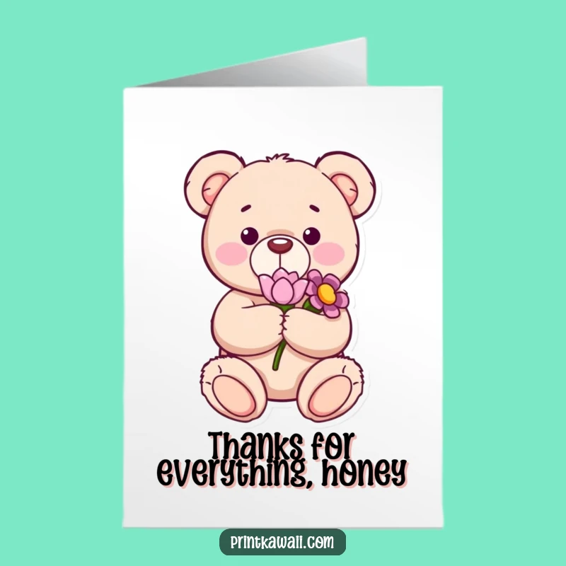 Free Printable Thank You Card: Teddy Bear Flower Gratitude Funny Downloadable Gift