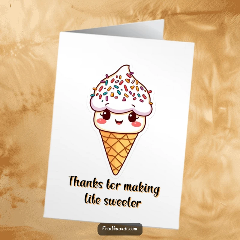 Funny free printable thank you card with a cheerful ice cream cone character sporting colorful sprinkles as hair.