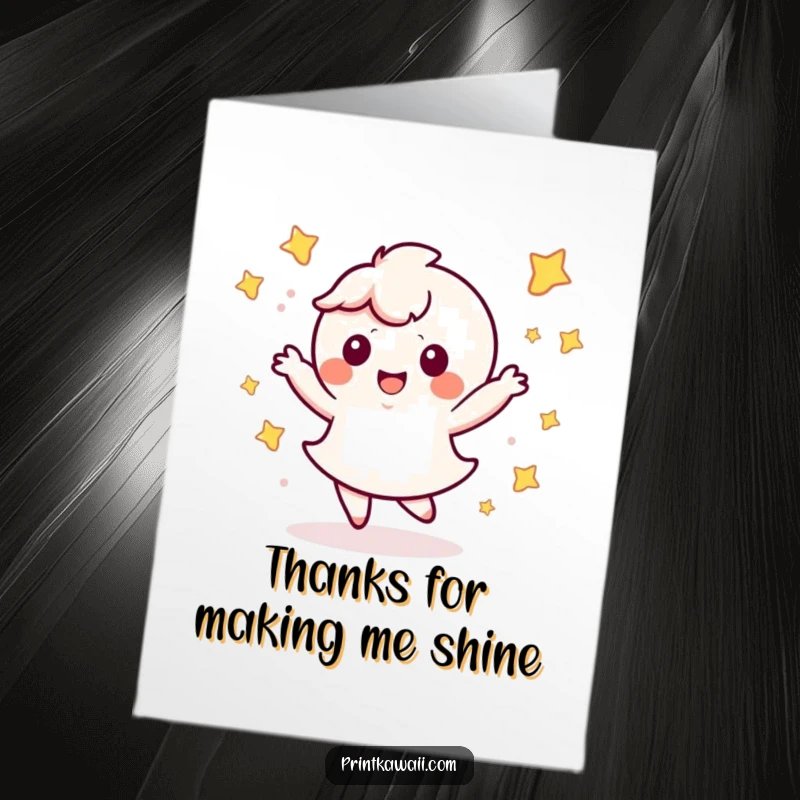 Funny Free Printable Thank You Card: Cute kawaii character doing a happy dance surrounded by stars, conveying heartfelt thanks.