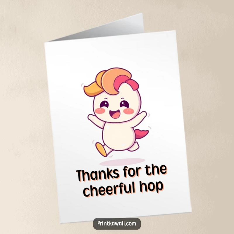 Funny Free Printable Thank You Card featuring a giggling rainbow character in a cheerful hop, a colorful downloadable thank you.