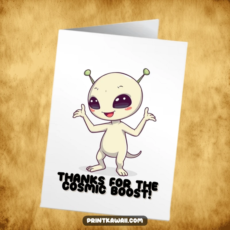 Funny Free Printable Thank You Card: Adorable alien with big eyes doing a funny dance, expressing appreciation with flair.