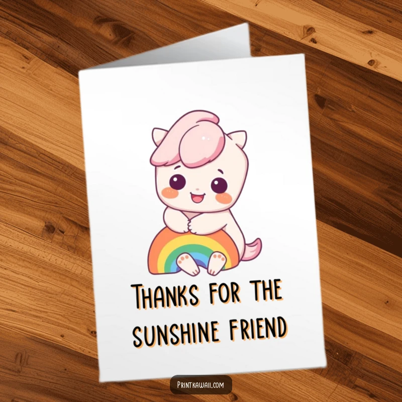 Funny Free Printable Thank You Card with a cute Kawaii character hugging a bright rainbow.
