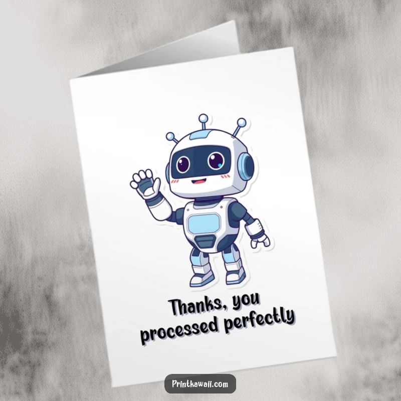 Funny Free Printable Thank You Card with a happy robot character waving energetically to express thanks.