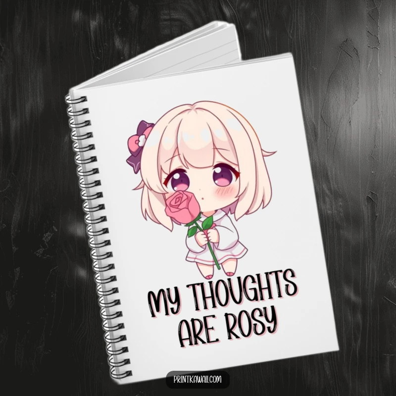 Funny notebook with a character blushing deeply, holding a single perfect rose, ideal for journaling and expressing shy, romantic sentiments.