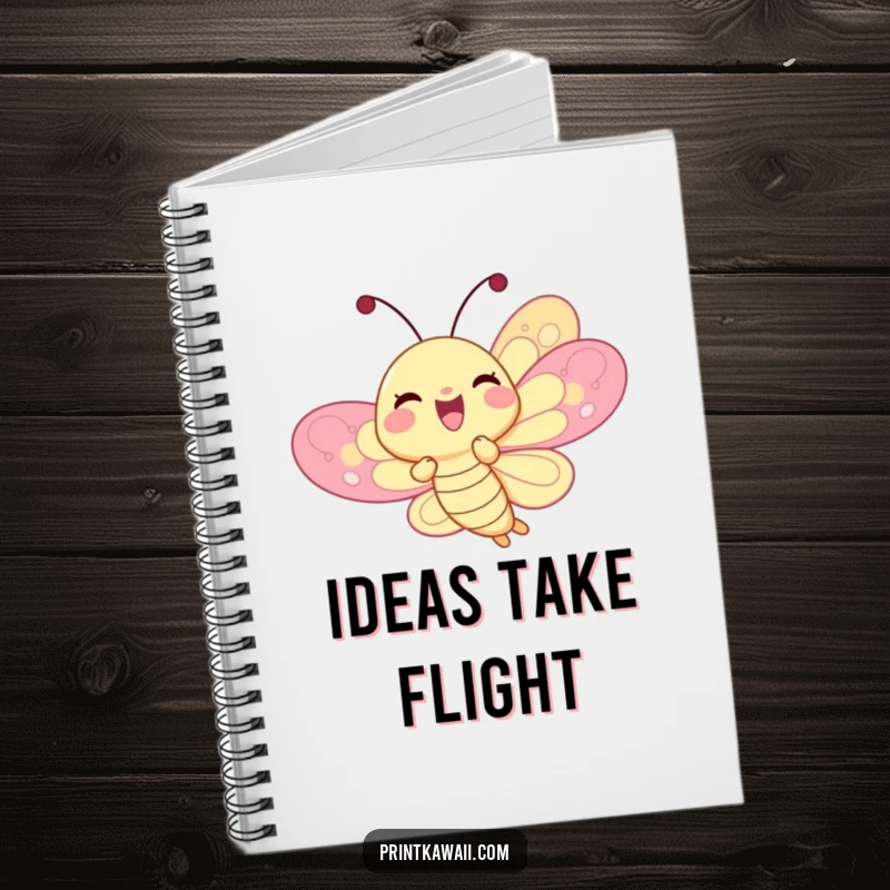 Funny delighted butterfly character on a notebook, fluttering joyfully, perfect for capturing happy thoughts with a touch of whimsy, funny gift.