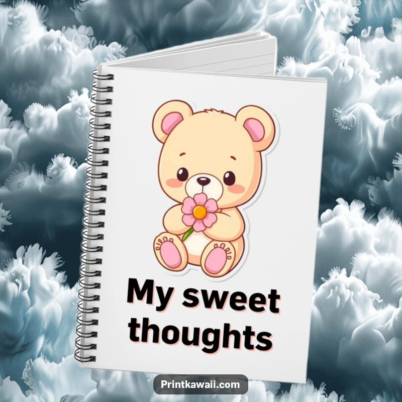 Funny Notebook with a content teddy bear character holding a flower, ideal for jotting down notes with gentle charm.