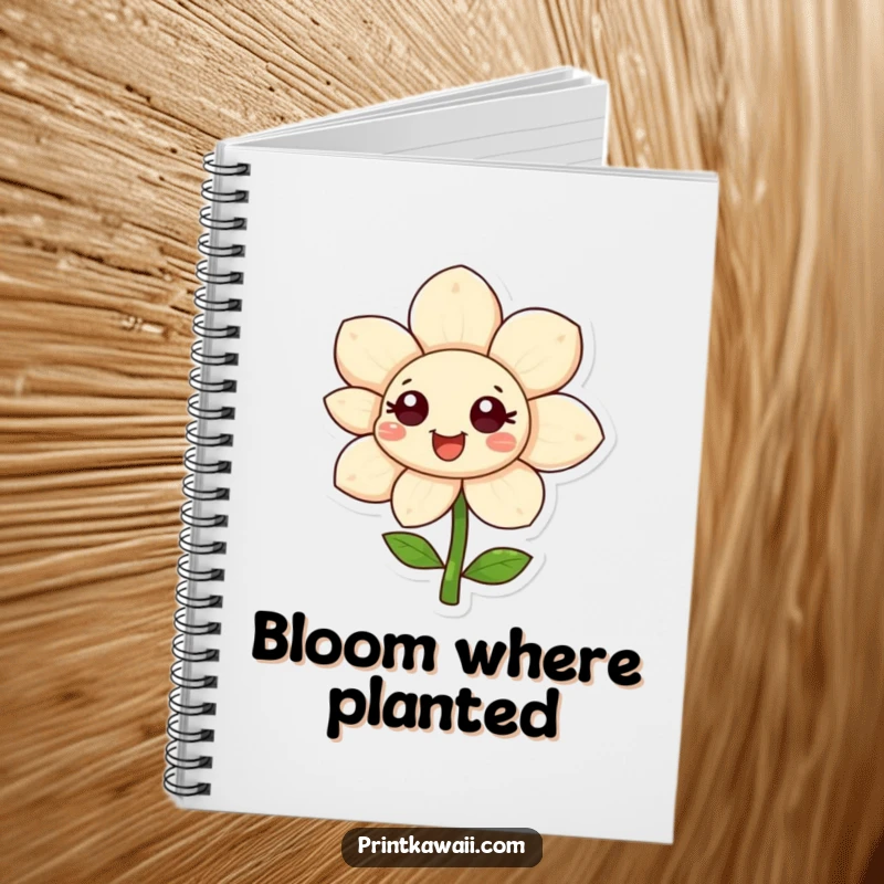 Funny happy flower character on a notebook, petals unfurling, perfect for capturing happy thoughts with a touch of floral whimsy, funny gift.