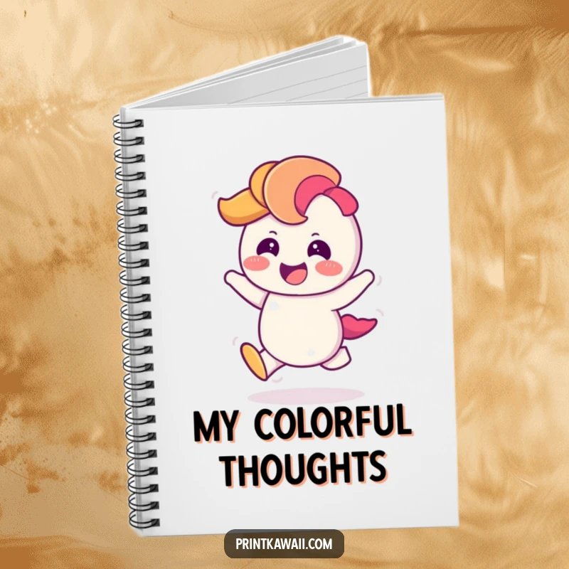 Funny Notebook with a giggling rainbow character doing a cheerful hop, ideal for jotting down notes with vibrant fun.