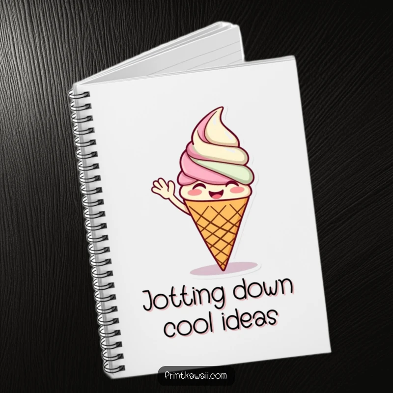 Funny notebook featuring a giggling ice cream cone character waving, ideal for writing down thoughts, recipes, and sweet inspirations.