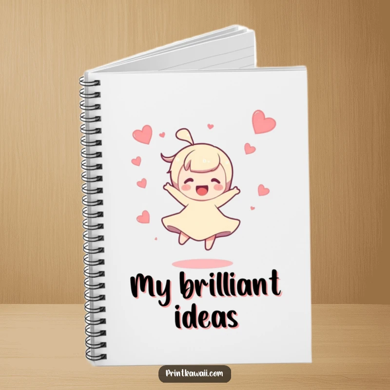 Funny notebook with a character doing a joyful spin with hearts floating around, ideal for creative writing.