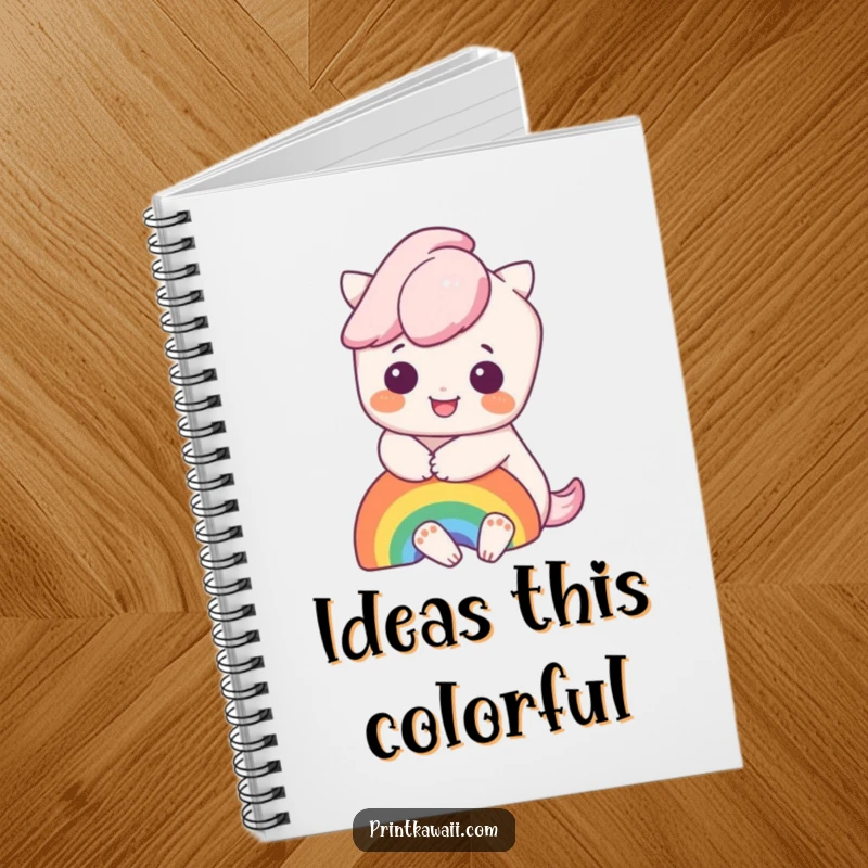 Funny notebook with a cute kawaii character hugging a vibrant rainbow, ideal for jotting down happy thoughts and ideas.