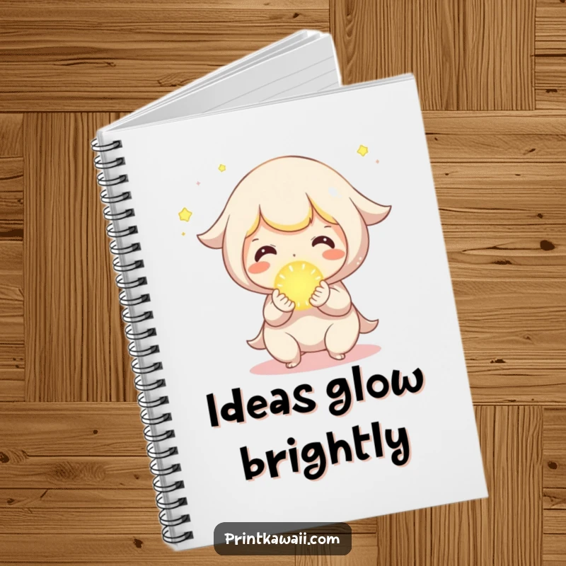 Funny Notebook with a cute character joyfully sharing a small, glowing orb, perfect for notes.