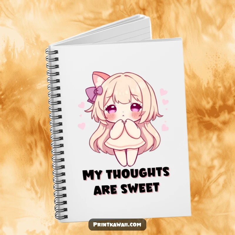 Funny notebook with a character in a sweet pose, surrounded by a soft, pink aura, perfect for journaling and gentle vibes.