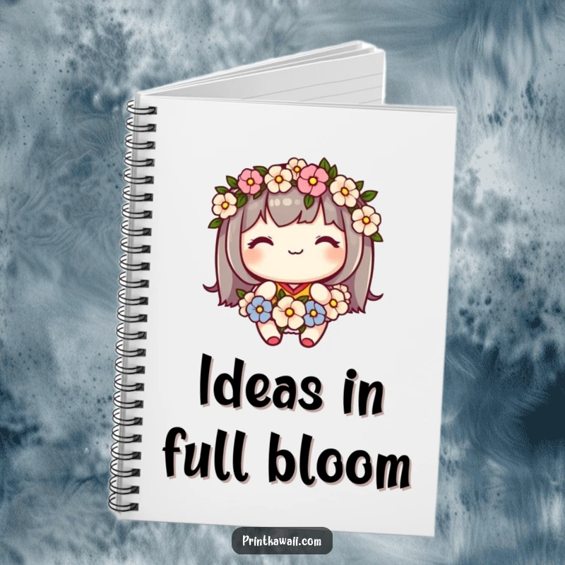 Funny notebook with a cute kawaii character wearing a flower garland and smiling sweetly, perfect for notes and ideas.