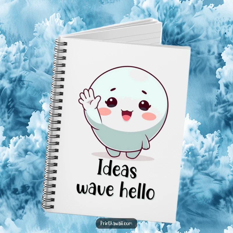 Funny notebook with a cute character waving hello on the cover, inspiring cheerful notes and creative ideas.