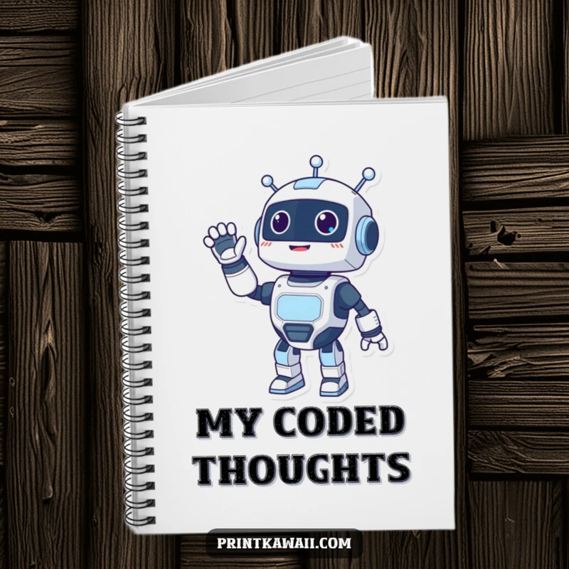 Funny notebook featuring a happy robot character waving energetically, ready to inspire your notes and brilliant ideas.